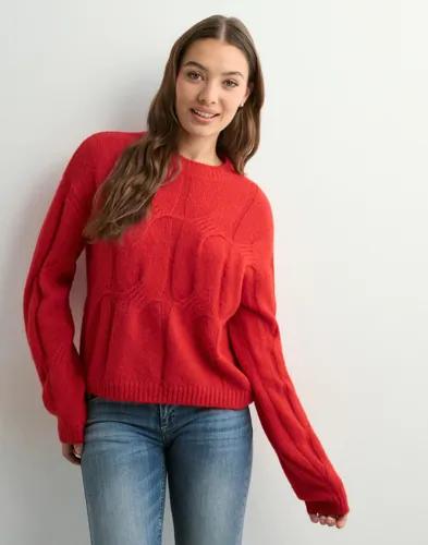 Pieces - Röd - Pcjenna Ls O-Neck Cable Knit Noos B 
