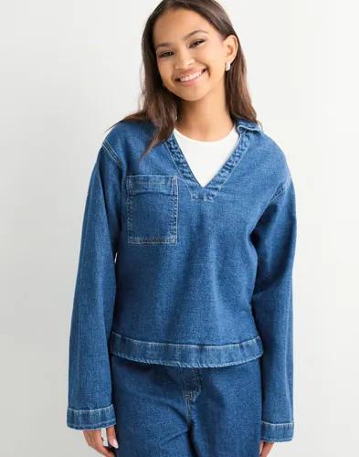 Pieces - Blå - Pcsilke Ls Denim V-Neck Shirt D2D F 